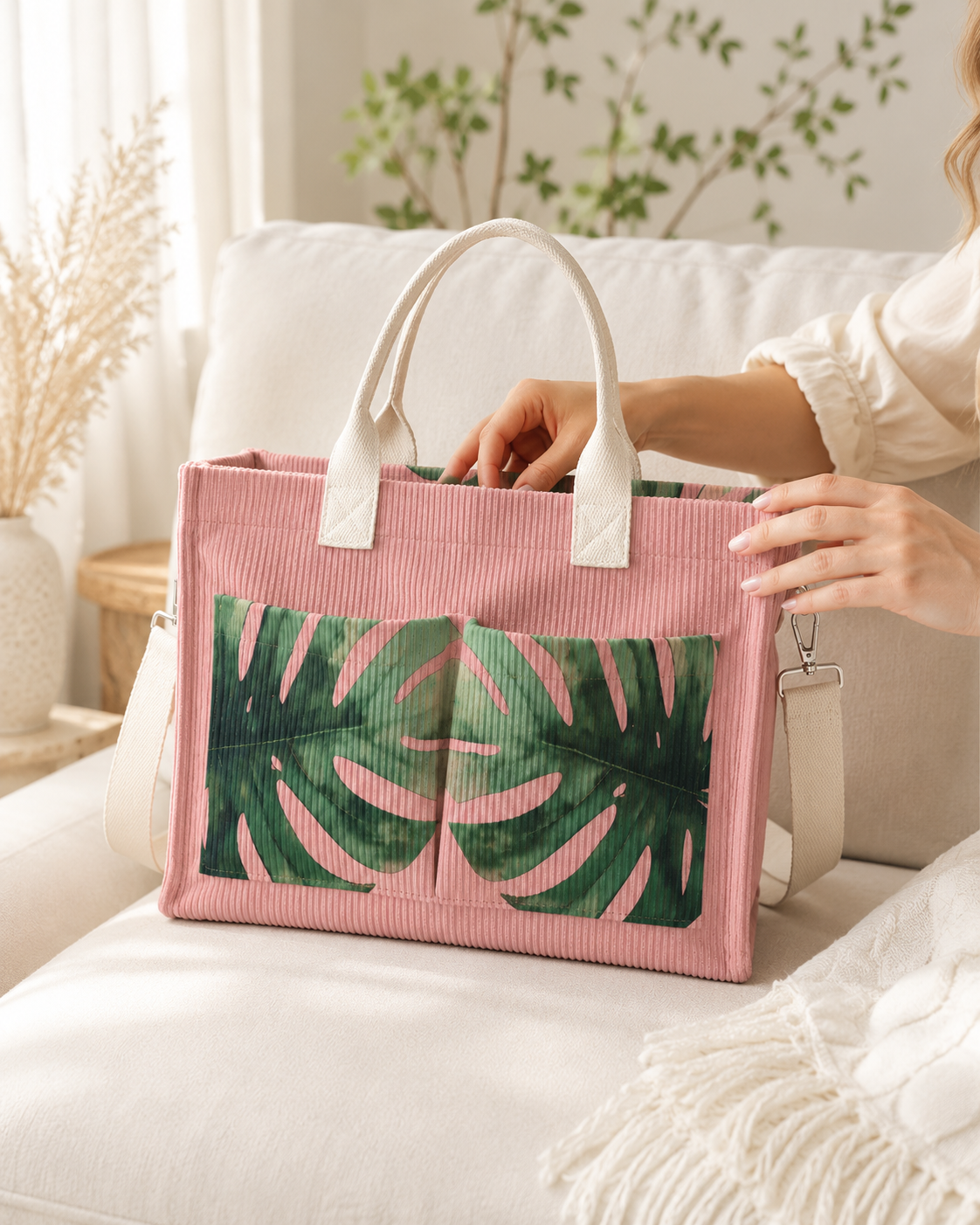 Mila Monstera™ | Sac cabas en velours côtelé